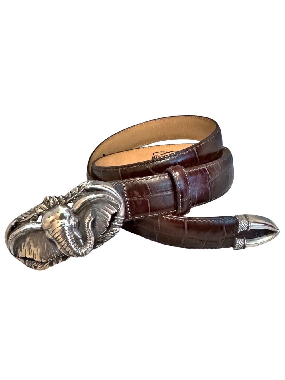 Brighton VTG Elephant Belt Medium Croc Embossed Leather Brown Silver 46809